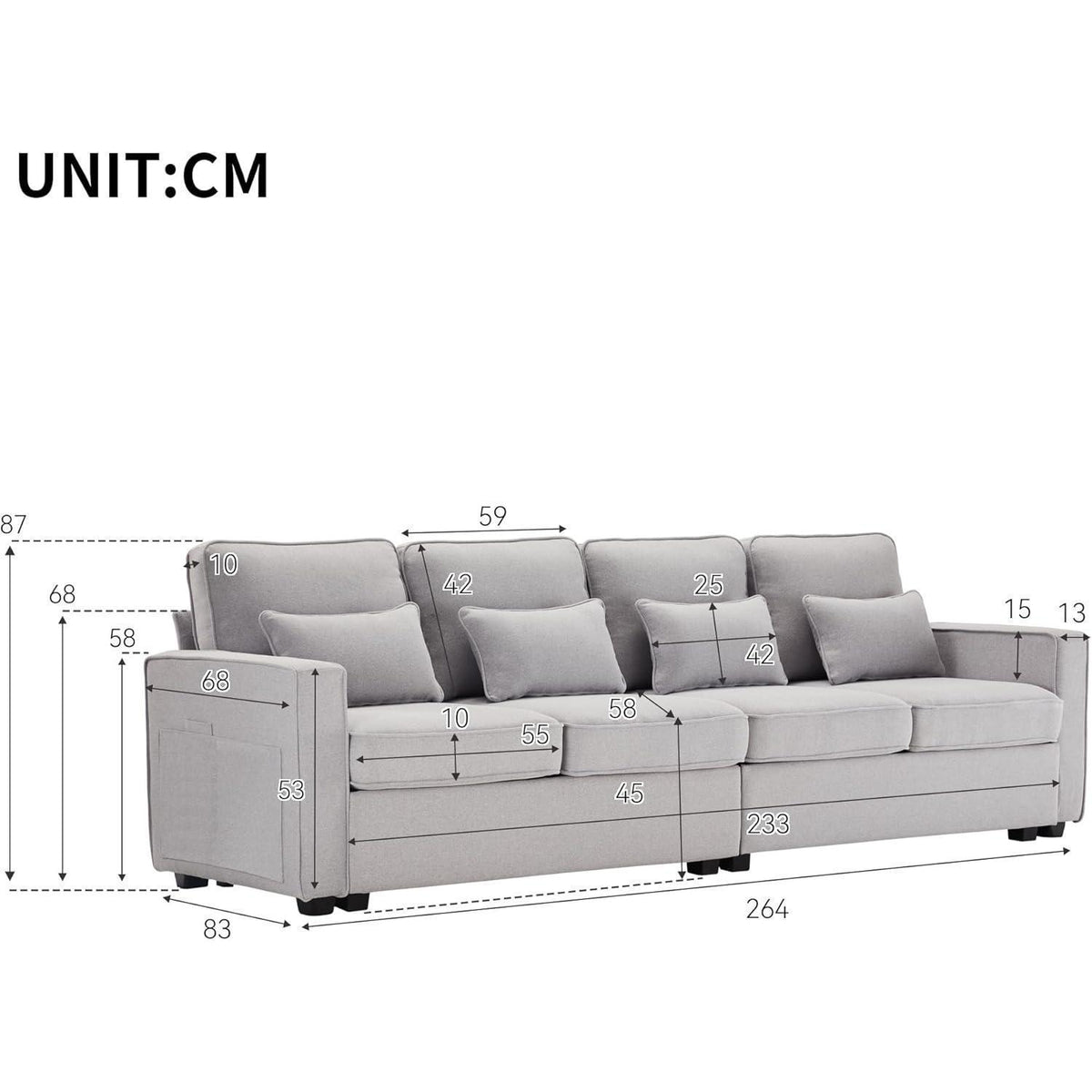 4-Sitzer Leinenstoff Sofa mit Stauraum & Kissen (Grau)