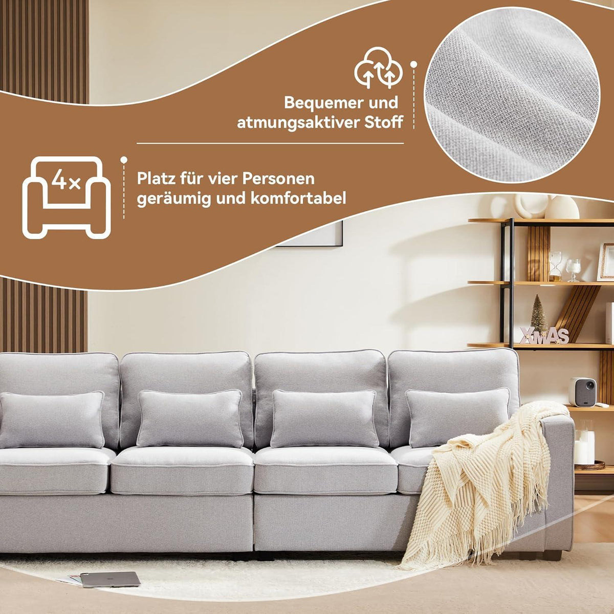 4-Sitzer Leinenstoff Sofa mit Stauraum & Kissen (Grau)