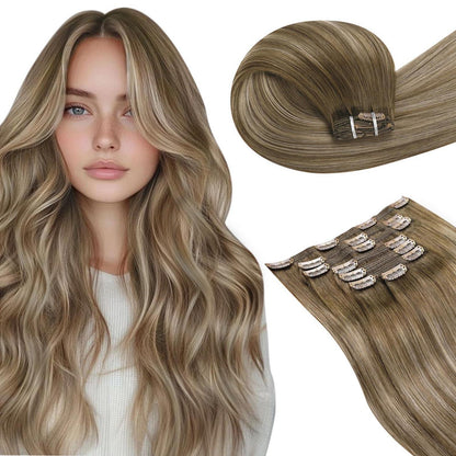 Echthaar Clip-in Extensions Balayage Hellbraun Ombre