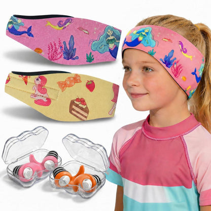 Schwimm Stirnband Kinder mit Ohrstöpseln & Neoprenband Wasserdicht