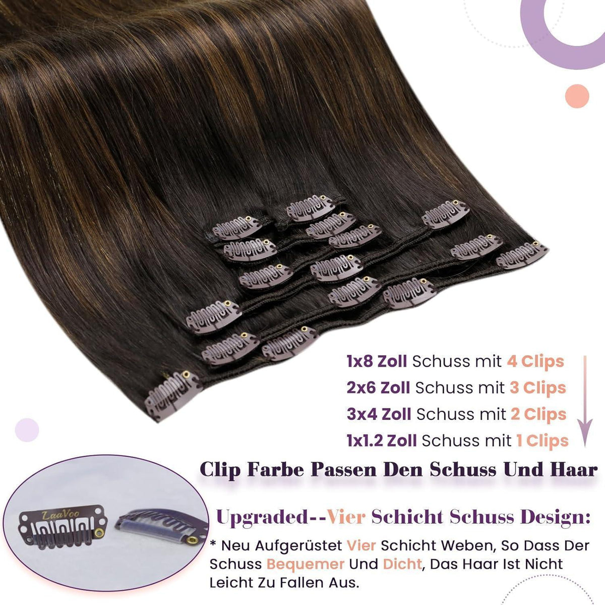 Clip-in Echthaar Extensions Braun Ombre 50cm