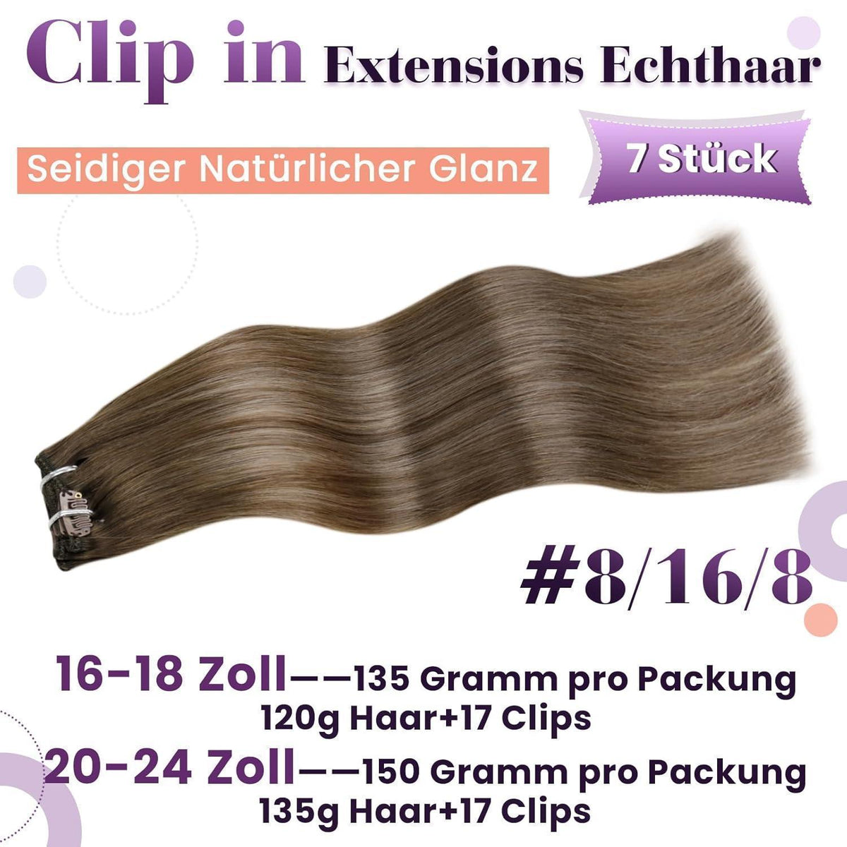 Echthaar Clip in Extensions Ombre Braun 55cm
