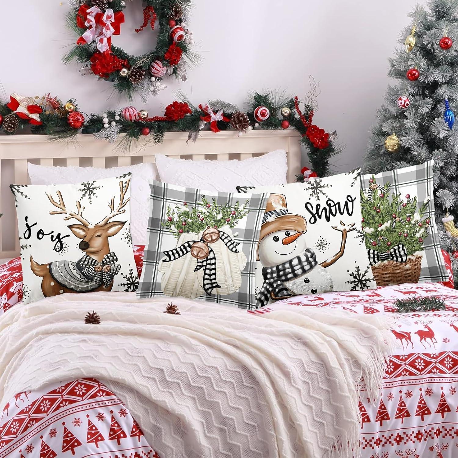 4er Set Weihnachtskissenbezug Rentier Deko Weiß Grau 45x45cm