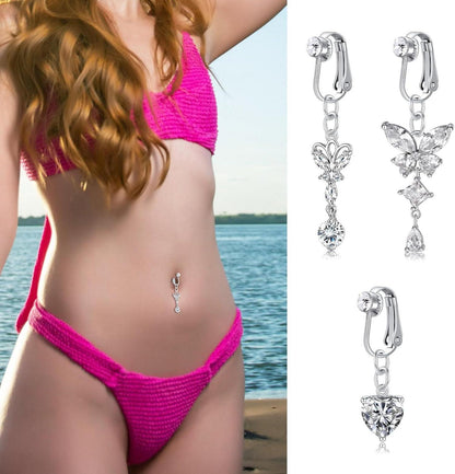 Fake Bauchnabelpiercing Set Herz Schmetterling Silber CZ