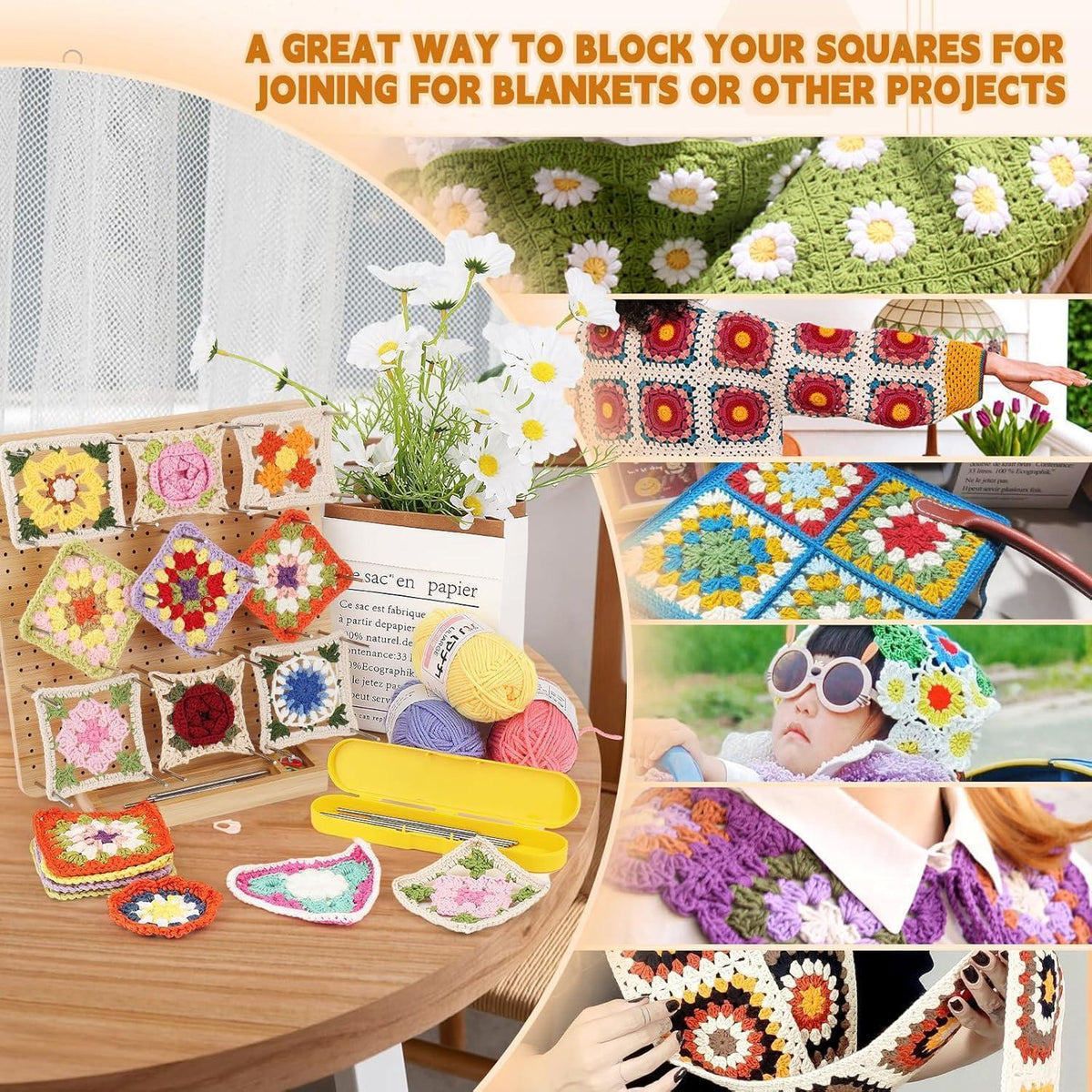 Granny Square Sperrbrett Holz 29cm mit Spanner & Zubehör