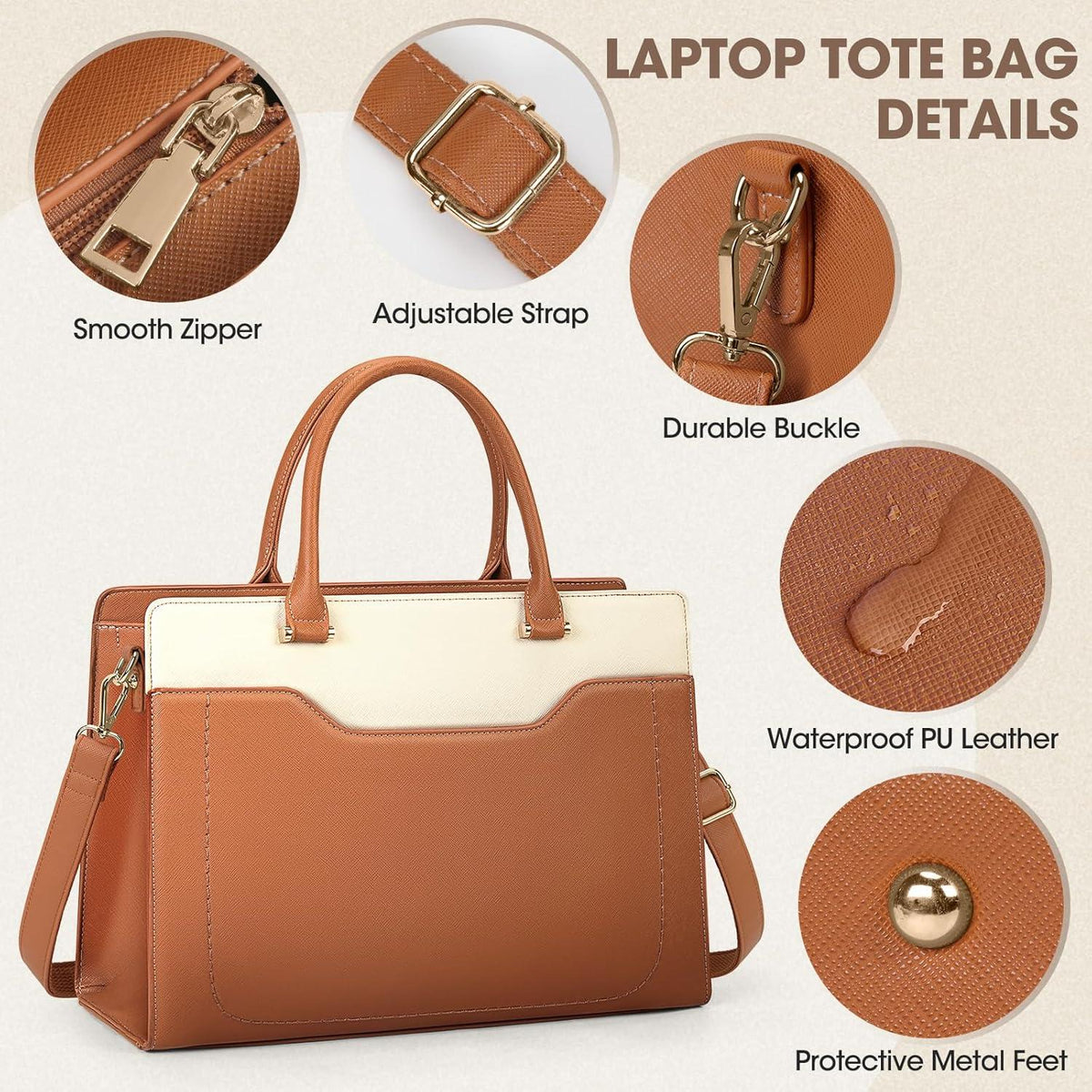 Damen Shopper Laptoptasche 15.6 Zoll PU Leder Handtasche Braun