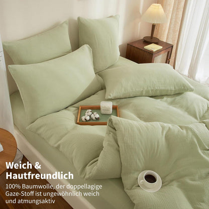Doppelte Muslin Bettwäsche 200x220 Grün – Weiche Baumwolle Bettwäsche Set