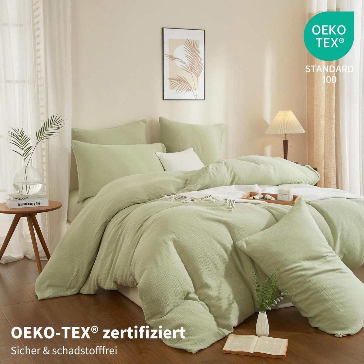Doppelte Muslin Bettwäsche 200x220 Grün – Weiche Baumwolle Bettwäsche Set