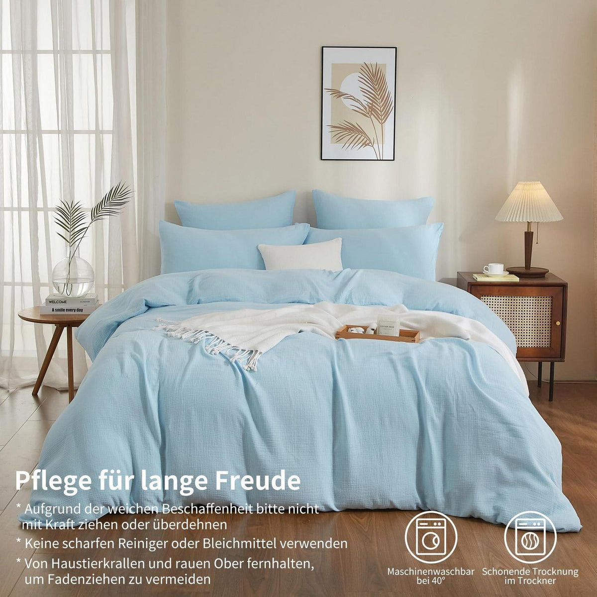 Doppelte Muslin Bettwäsche Blau 155x220 cm - 3-teilig