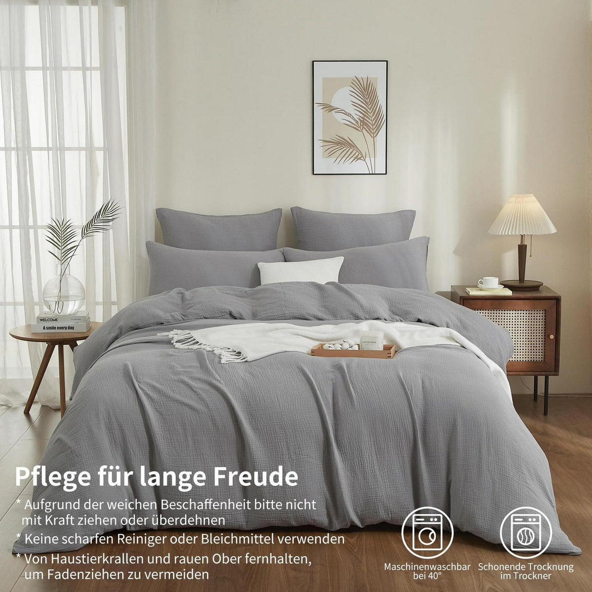 Doppelte Muslin Bettwäsche 200x220 Grau – Weich & Atmungsaktiv