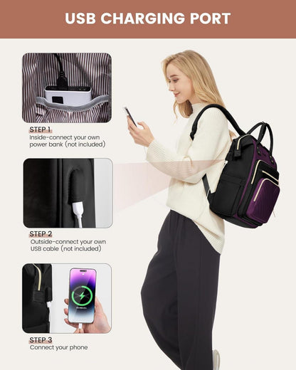 Damenrucksack 15,6 Zoll Laptop Schulrucksack Wasserdicht Violett