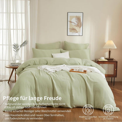 Doppelte Muslin Bettwäsche 220x240 Grün – Weich & Atmungsaktiv