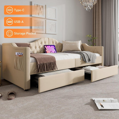 Schlafsofa Klein 90x200 cm Beige – Schlafsessel mit Bettkasten