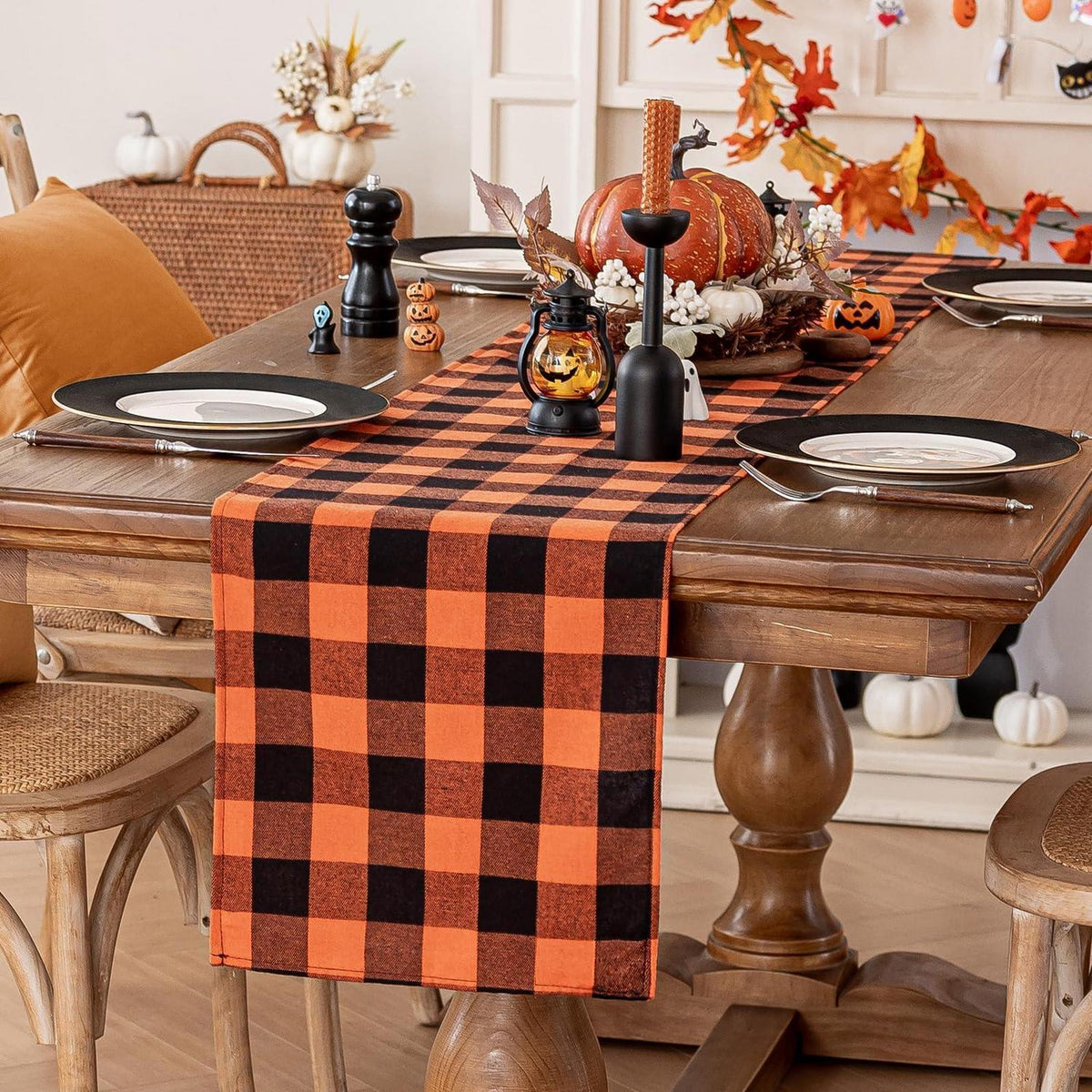 Orange karierter Halloween Tischläufer 33 x 274 cm