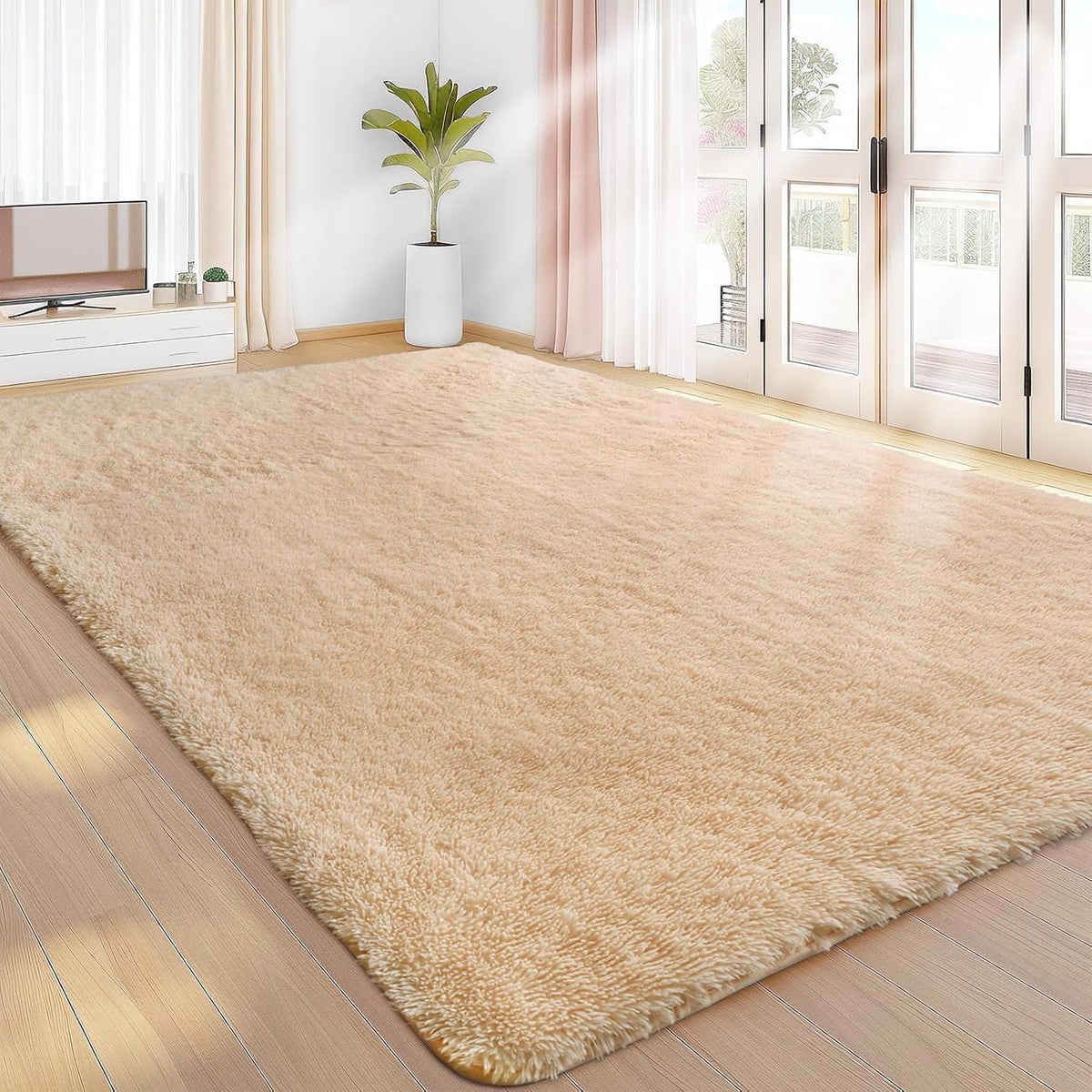 Hochflor Teppich Beige 275x370 - Flauschiger Wohnzimmerteppich