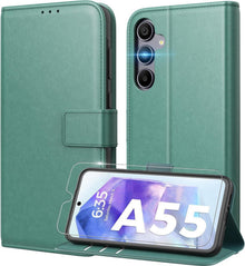 Handyhülle Samsung Galaxy A55 5G PU Leder RFID Schutz Glas Grün