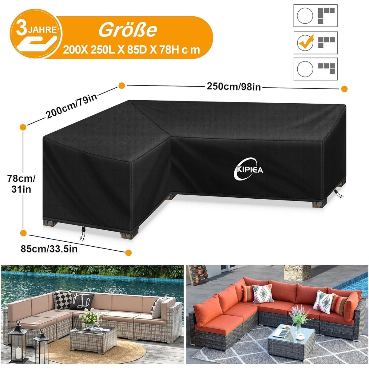Loungemöbel Abdeckung L-Form Wasserdicht & Winterfest 200x250x85cm