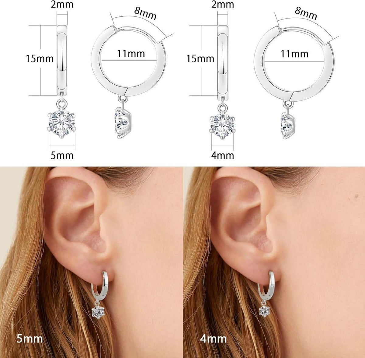 Silber Creolen Damen 925 Zirkonia Huggies, Ohrhänger 4mm HypoallergenXmlNode