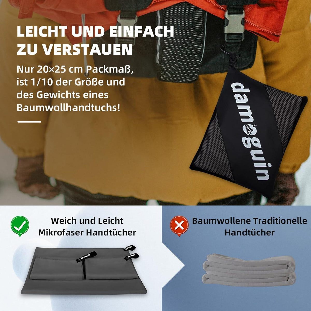 Mikrofaser Handtuch Set (3-teilig) Dunkelgrau 180x80cm & 2x 80x40cm - Schnelltrocknend & Saugfähig