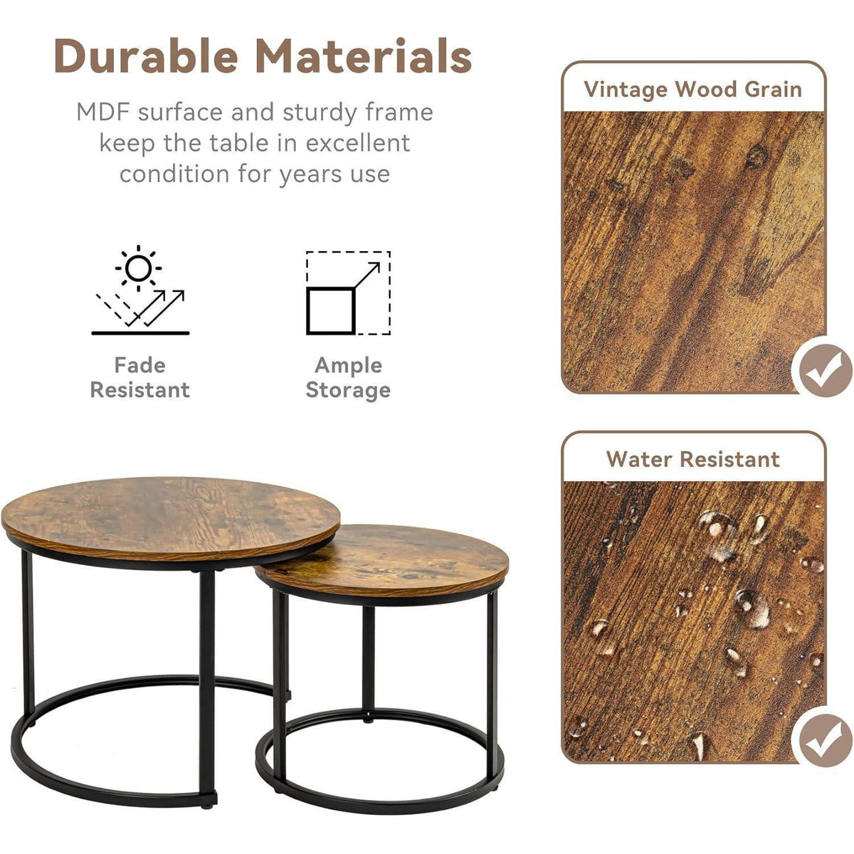 2er Set runde Beistelltische aus Holz mit Metallrahmen, Braun