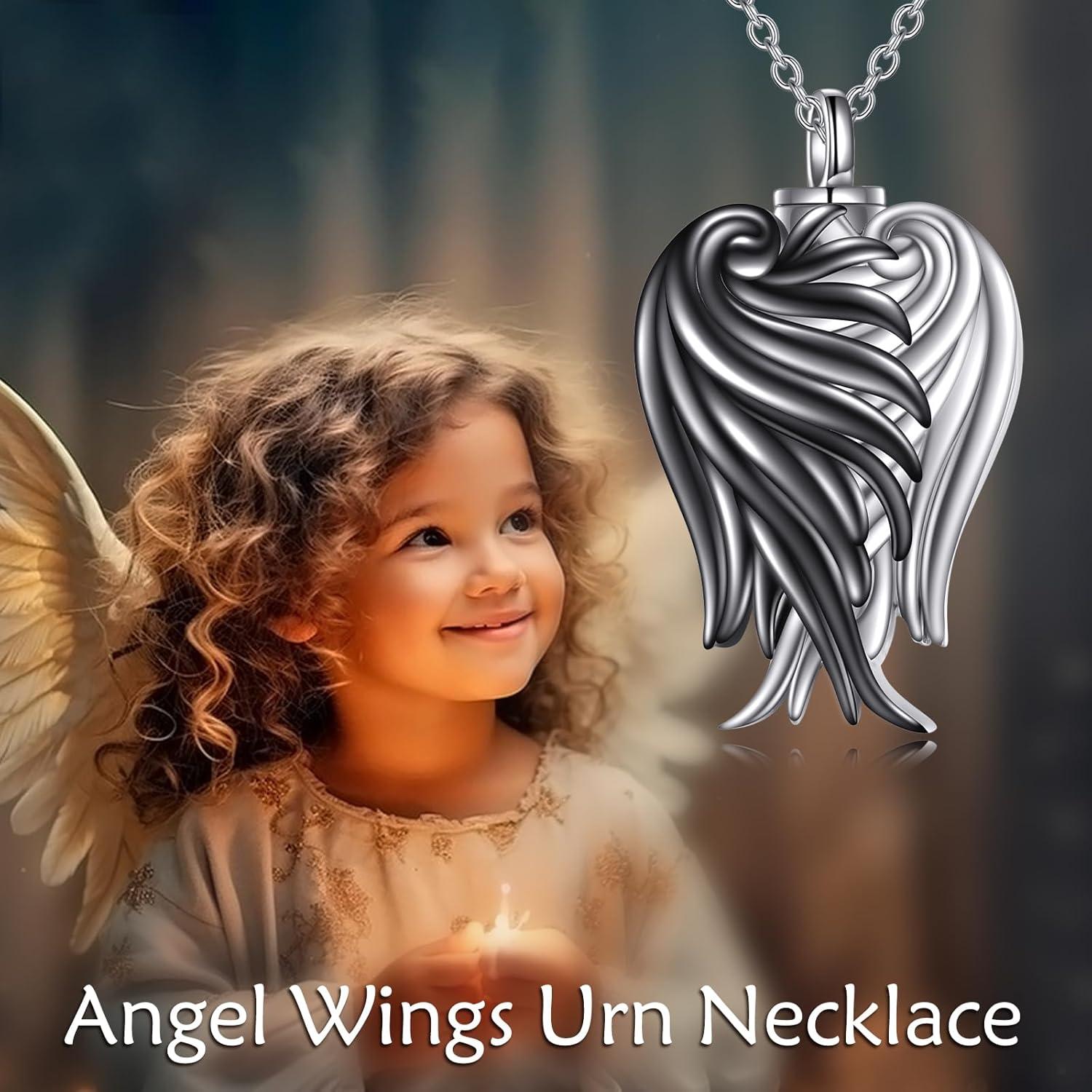 Engel Flügel Urne Halskette für Damen 925 Silber Schwarz Weiß Anhänger