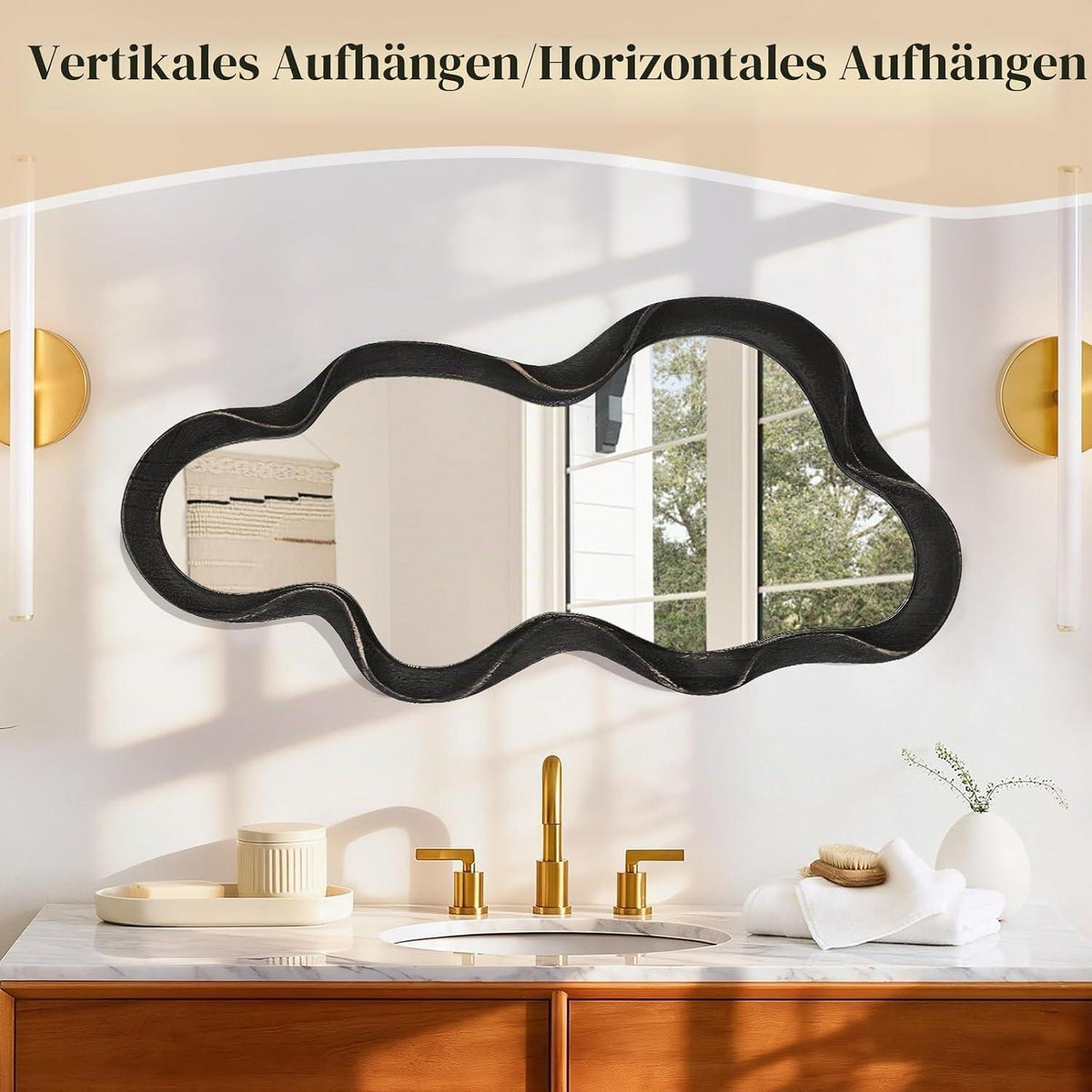 Asymmetrischer Wolkenspiegel mit Holzrahmen – 76x36 cm Wanddeko