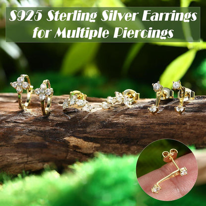JeweBella 3 Paar Ohrringe Silber 925 Damen Mädchen 14K Vergoldet Zirkonia Hängend Piercings