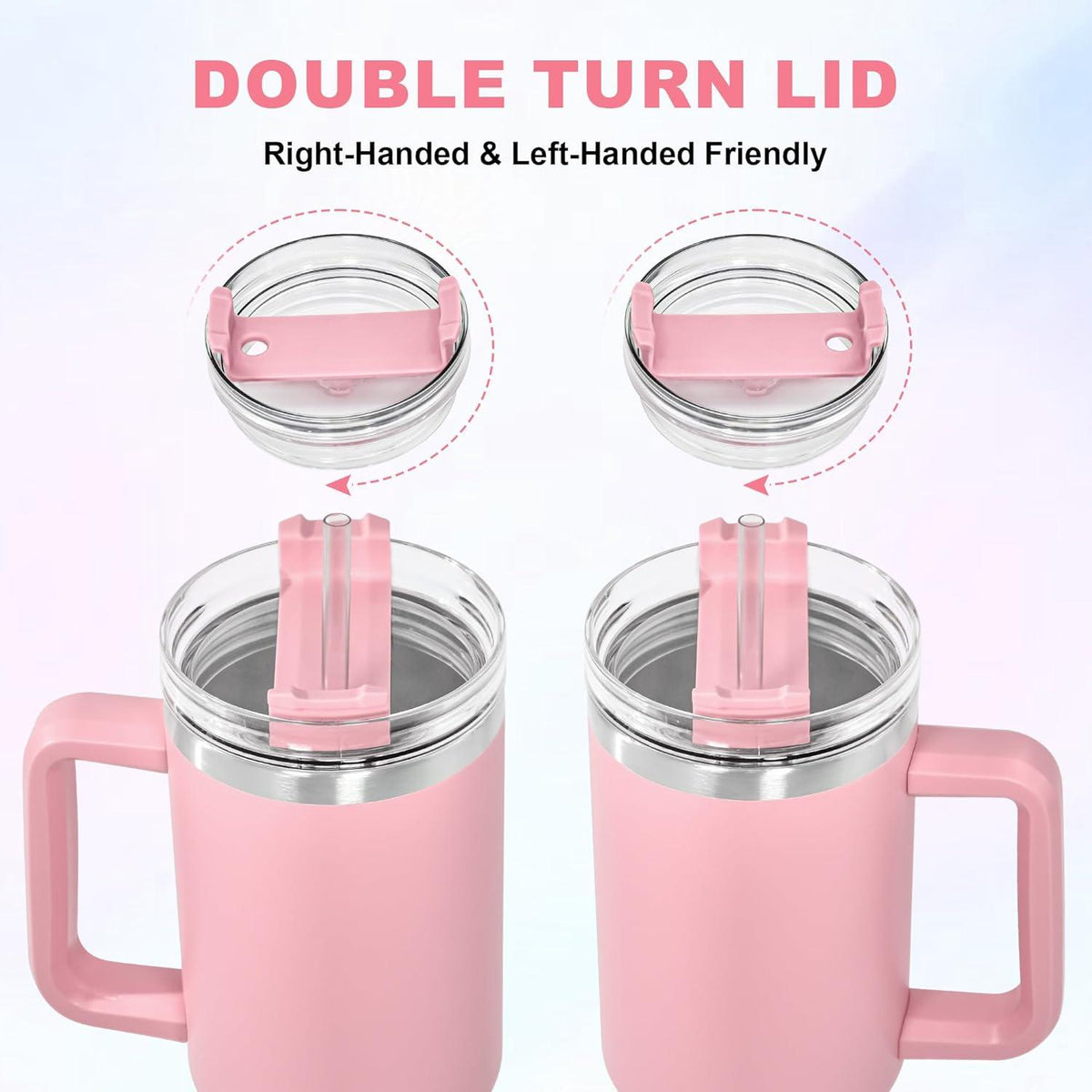 Isolierter Thermobecher mit Strohhalm und Henkel, 1,2L, Rosa