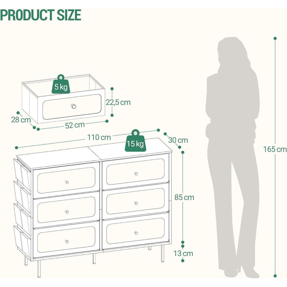 Kommode 110cm mit Stoffschubladen & Organizer-Taschen, Weiß-Gold