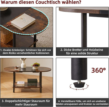 Aibiju Ovaler Couchtisch Beistelltisch Rustikales Braun/Schwarz moderner Stil