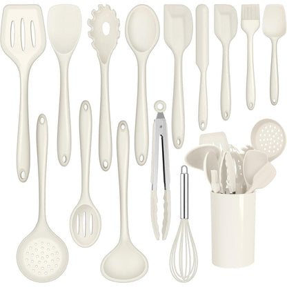 15-teiliges Silikon Kochutensilien Set mit Halter – Weiß