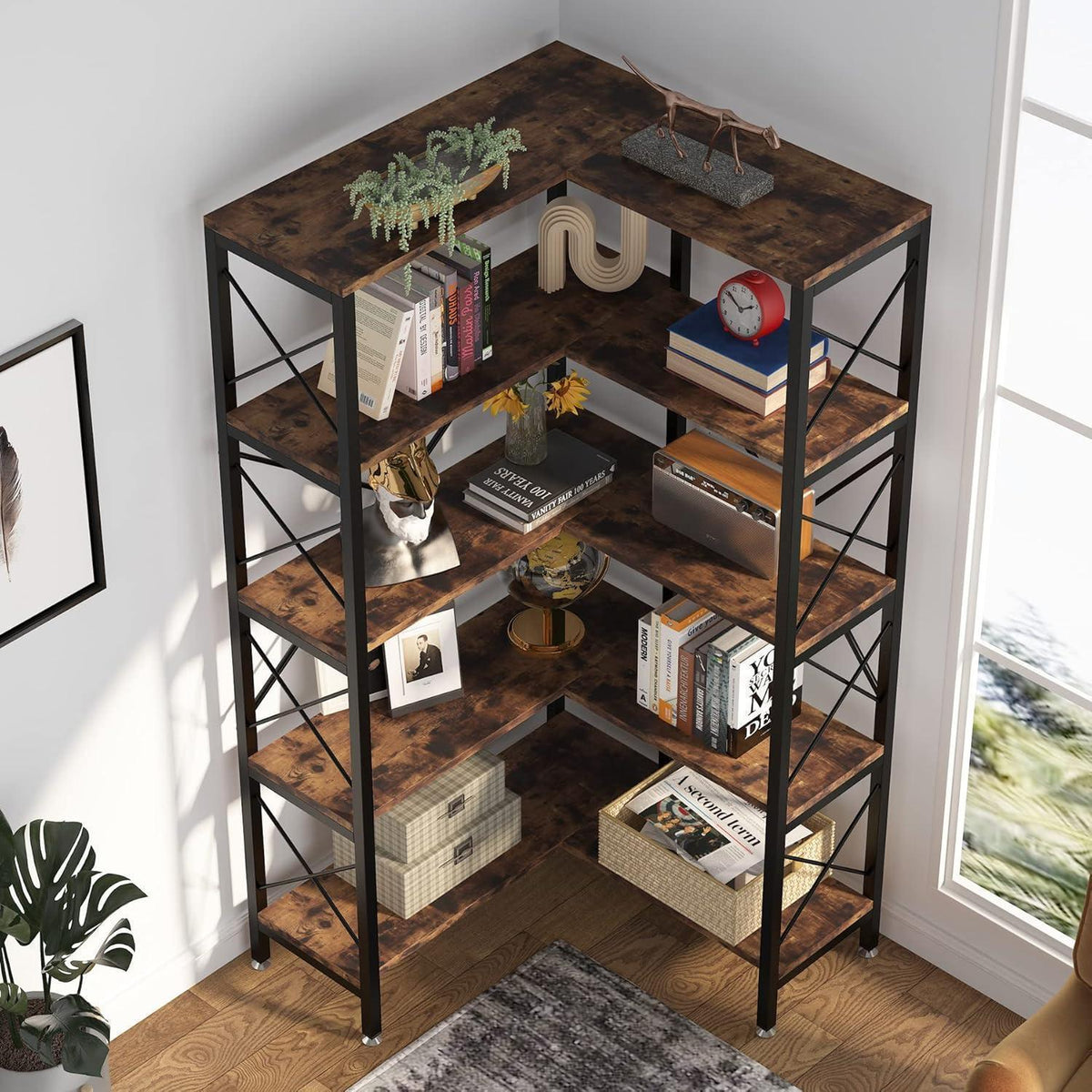 5-stöckiges Eckregal Braun – Modernes Bücherregal für Wohnzimmer