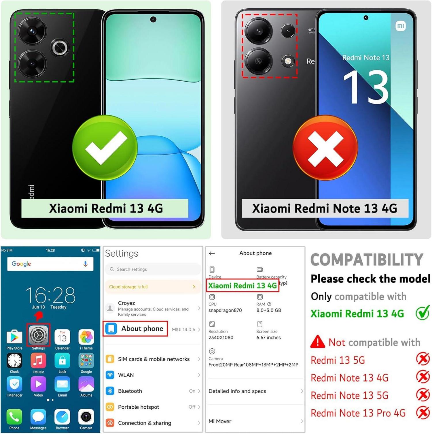 Xiaomi Redmi 13 4G Hülle: Premium Leder Klapphülle, Schwarz