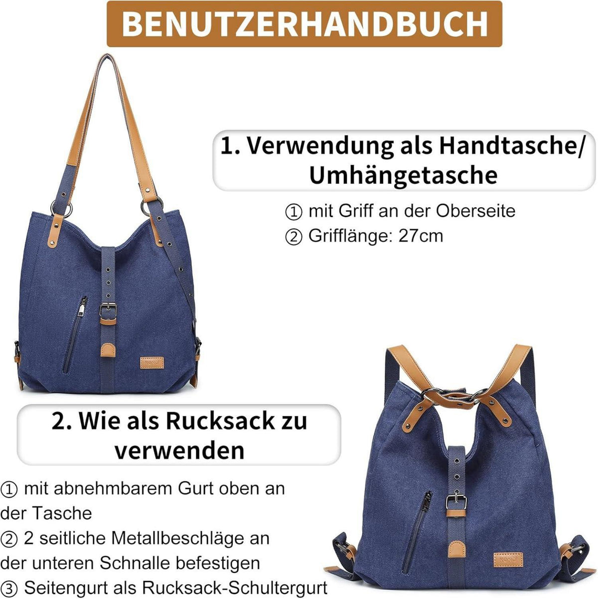 Großer Canvas Rucksack Damen Umhängetasche Multifunktional