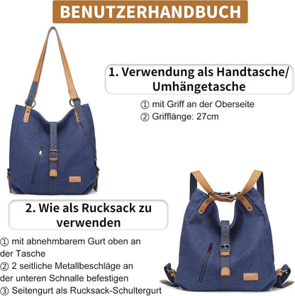 Großer Canvas Rucksack Damen Umhängetasche Multifunktional