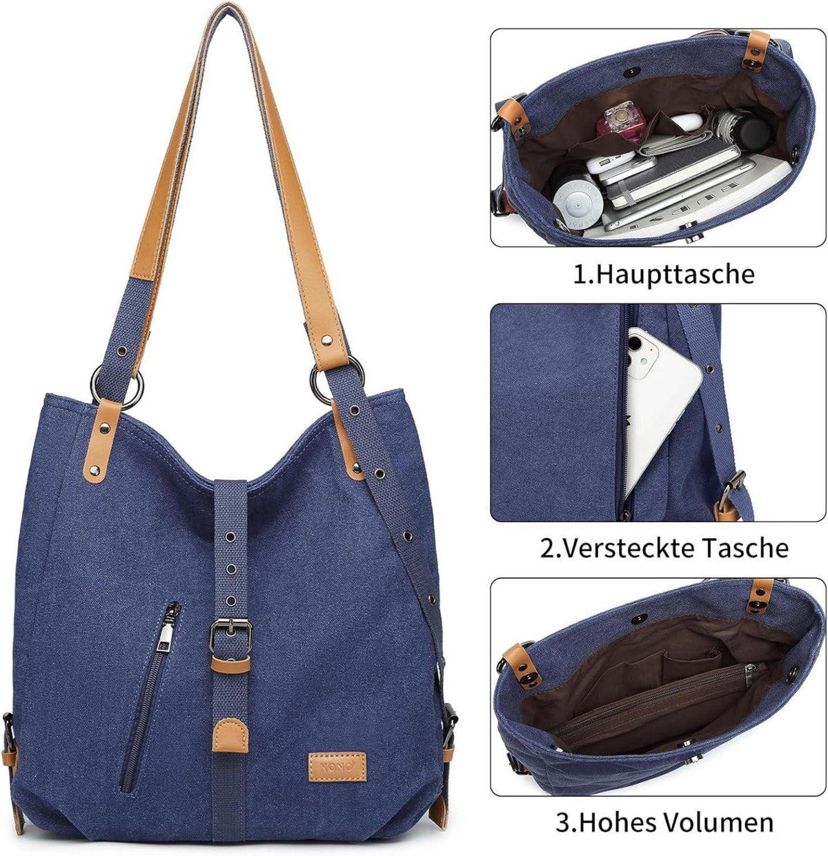 Canvas Rucksack Damen Handtasche Umhängetasche Multifunktional Blau