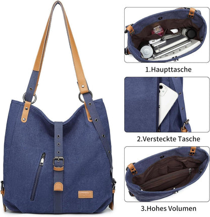 Canvas Rucksack Damen Handtasche Umhängetasche Multifunktional Blau