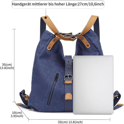 Canvas Rucksack Damen Handtasche Groß Multifunktional Blau