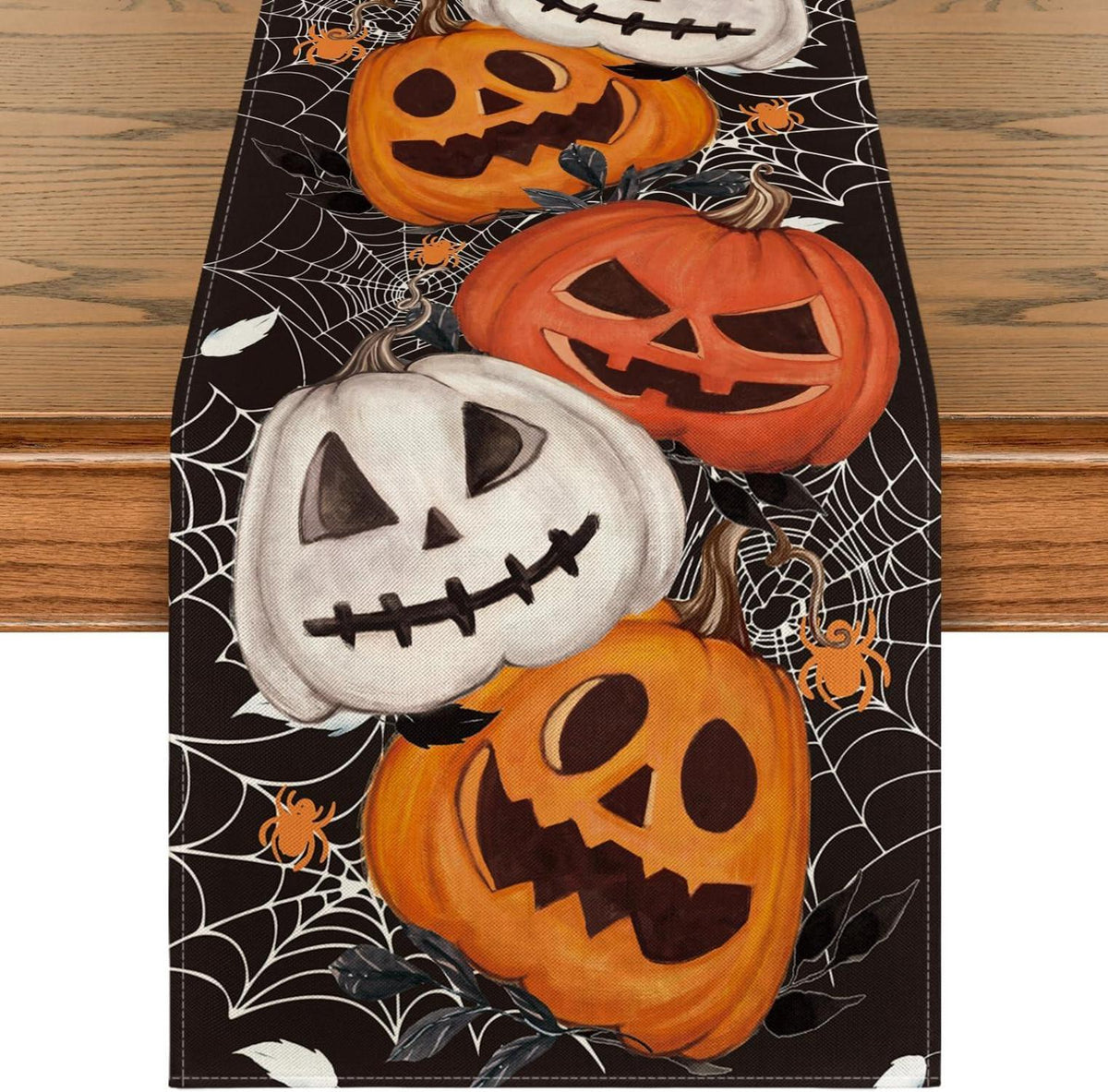 Schwarzer Halloween Tischläufer Spinnennetz Kürbis Laterne 40x240cm