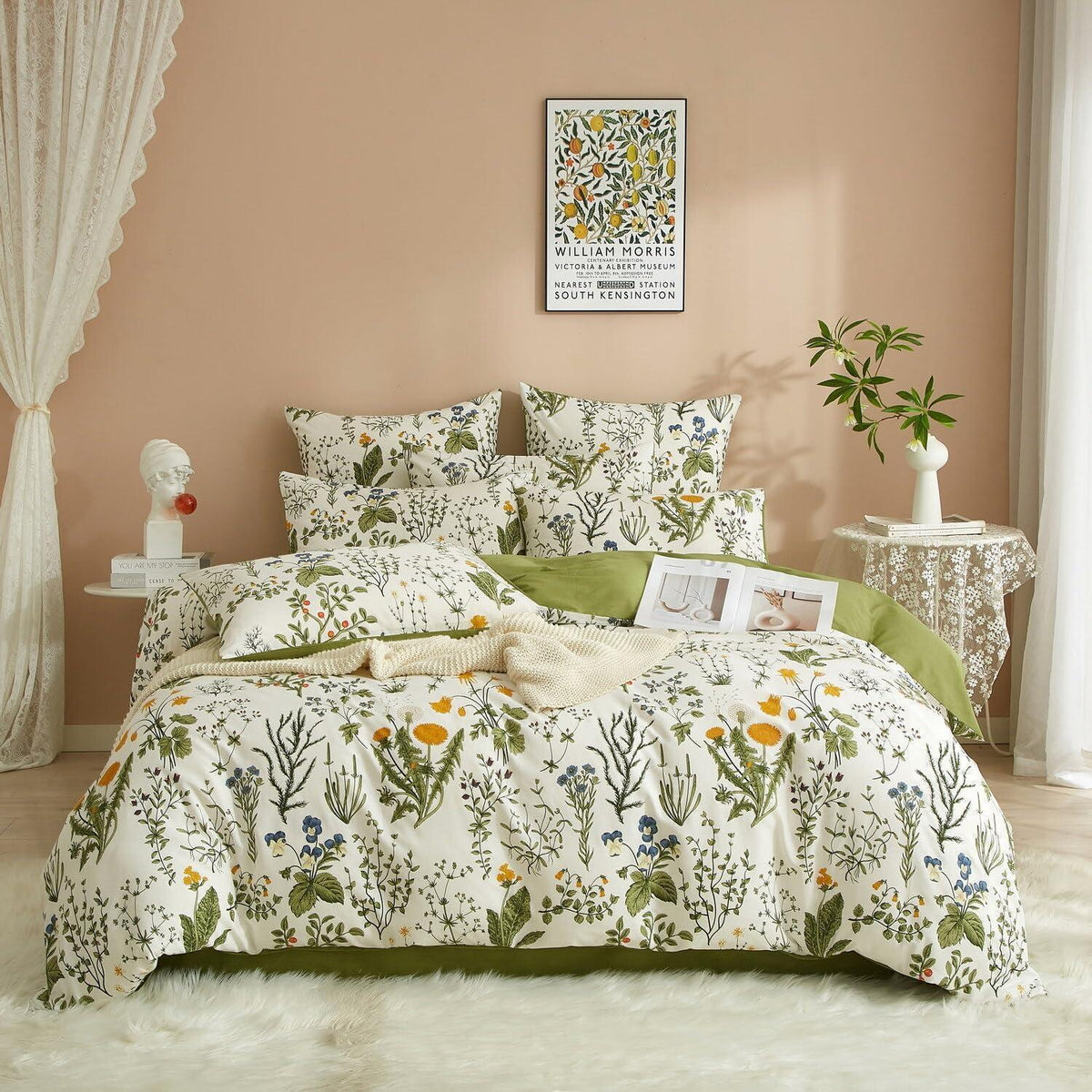 Blumen Bettwäsche Set 220x240 Baumwolle Grün Weiß 3tlg.