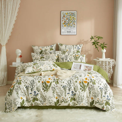 Blumen Bettwäsche Set 220x240 Baumwolle Grün Weiß 3tlg.