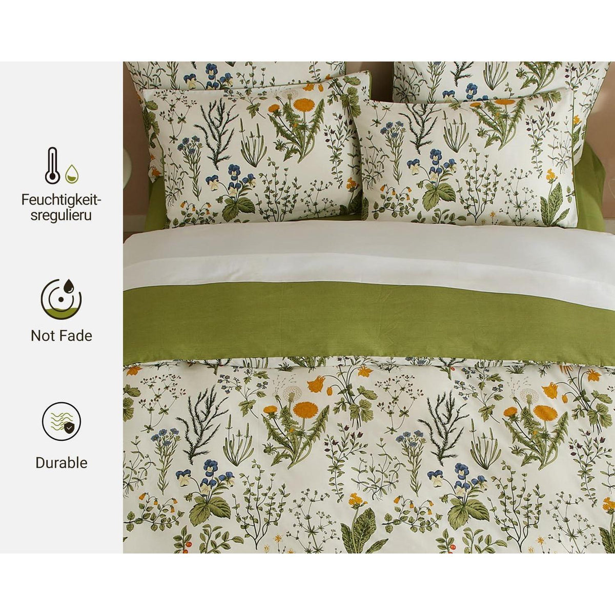 Blumen Bettwäsche Set 220x240 Baumwolle Grün Weiß 3tlg.