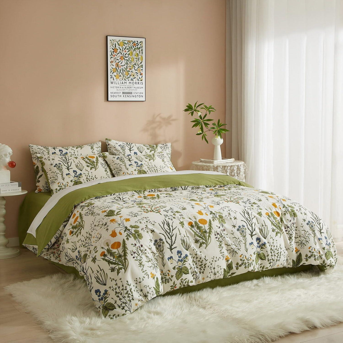 Blumen Bettwäsche Set 135x200 Baumwolle Weiß Grün 4tlg.