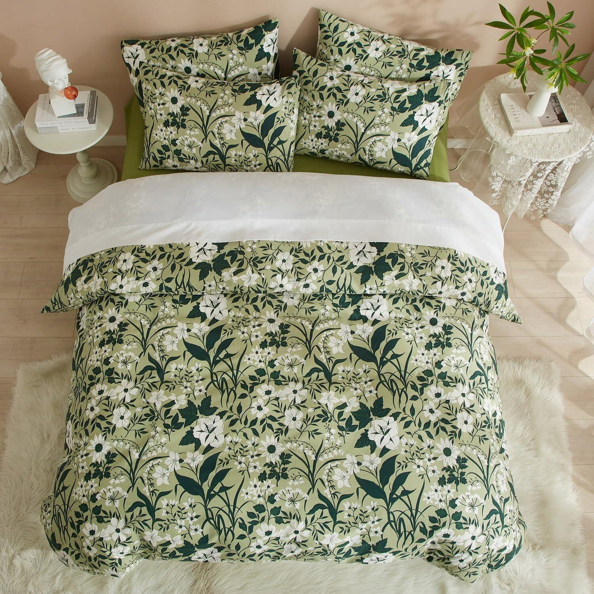 Grüne Baumwoll Bettwäsche Set 220x240 mit Blumenmuster