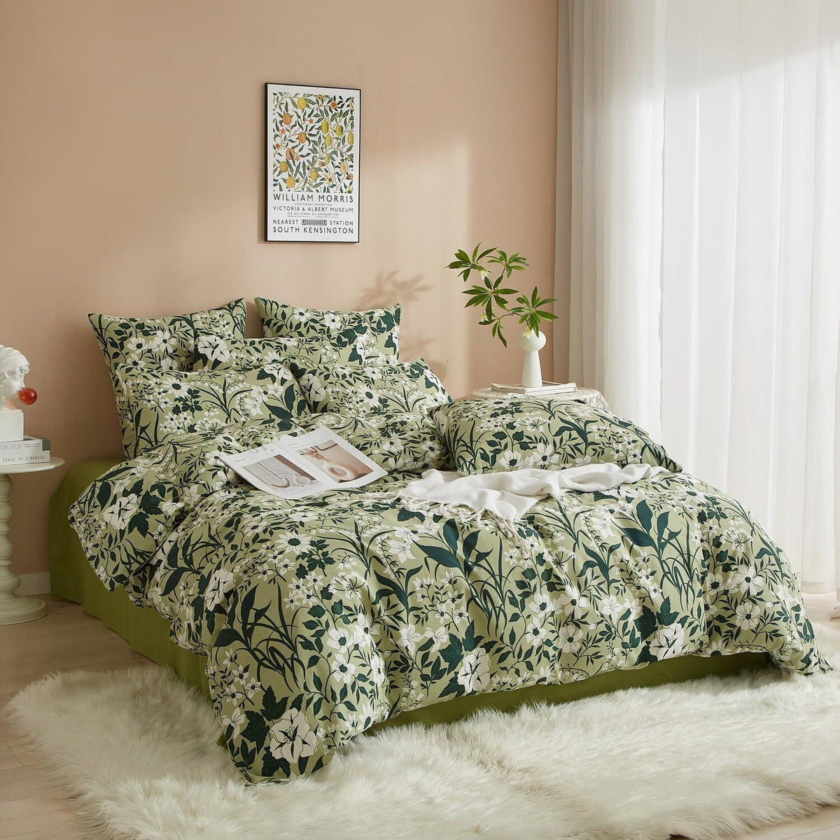 Grüne Baumwoll Bettwäsche Set 135x200 mit Blumenmuster