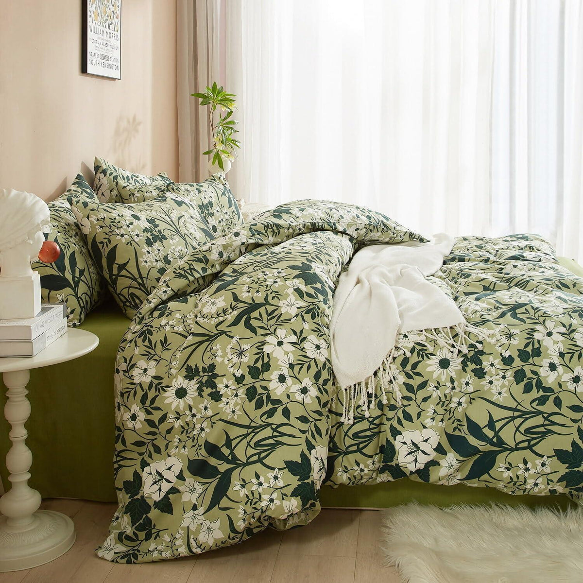 Grüne Baumwoll Bettwäsche Set 135x200 mit Blumenmuster