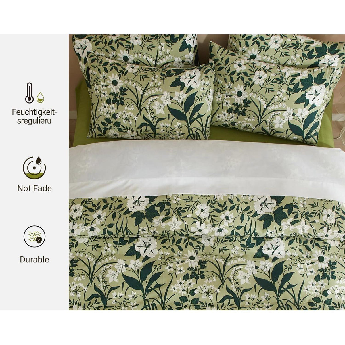 Grüne Baumwoll Bettwäsche Set 135x200 mit Blumenmuster