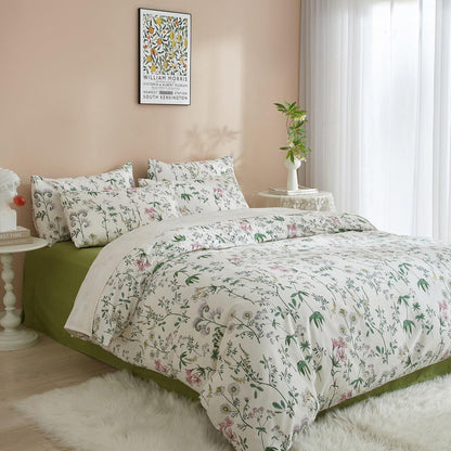 Blumen Bettwäsche Set 220x240 Baumwolle Weiß 3tlg. mit Kissenbezügen
