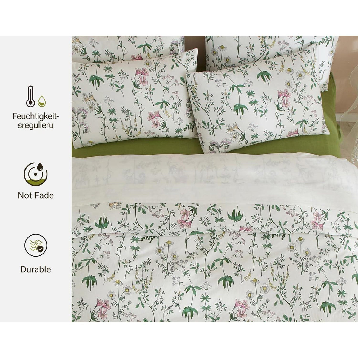 Blumen Bettwäsche Set 220x240 Baumwolle Weiß 3tlg. mit Kissenbezügen