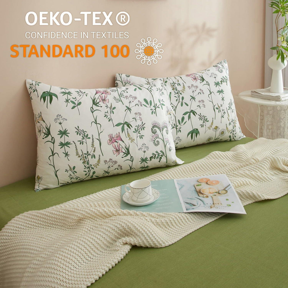 Blumen Bettwäsche Set 220x240 Baumwolle Weiß 3tlg. mit Kissenbezügen